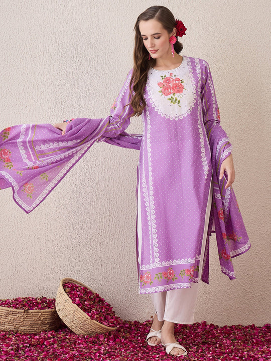 Indo Era Lavender Printed Straight Kurta Trousers With Dupatta Set
