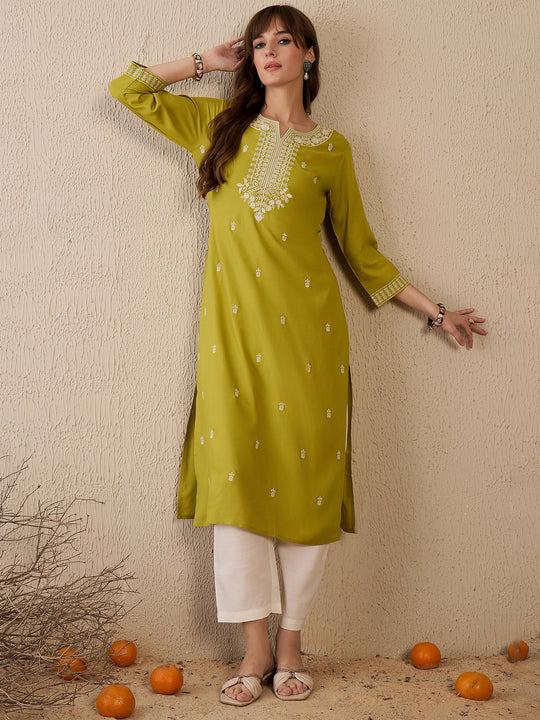 Indo Era Green Embroidered Straight Kurtas