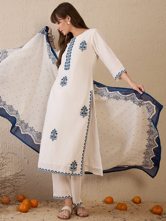 Indo Era White Embroidered Straight Kurta Trousers With Dupatta Set
