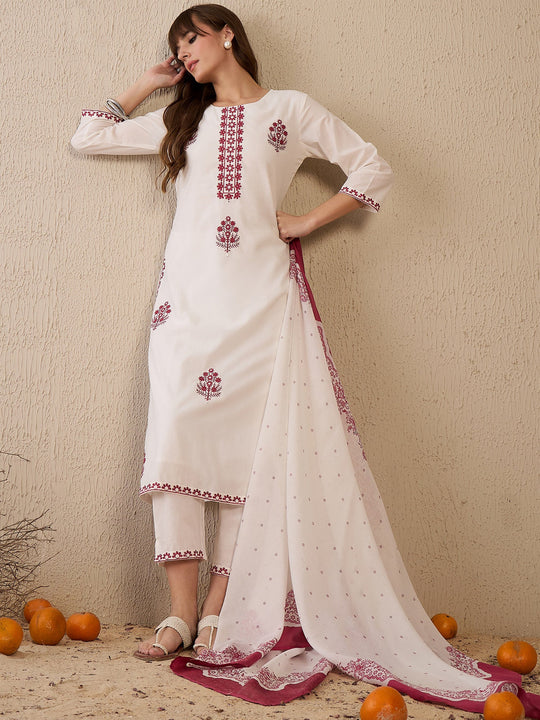 Indo Era White Embroidered Straight Kurta Trousers With Dupatta Set
