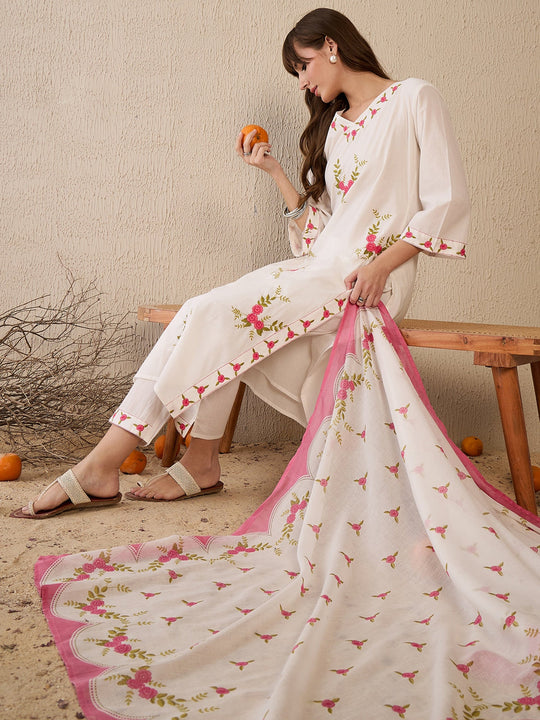 Indo Era Off White Embroidered Straight Kurta Trousers With Dupatta Set