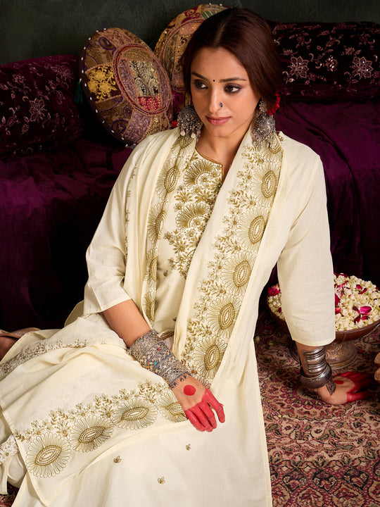 Indo Era Off White Embroidered Straight Kurta Trousers With Dupatta Set