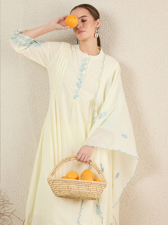 Off White Embroidered Pure Cotton Anarkali Kurta Sets With Dupatta