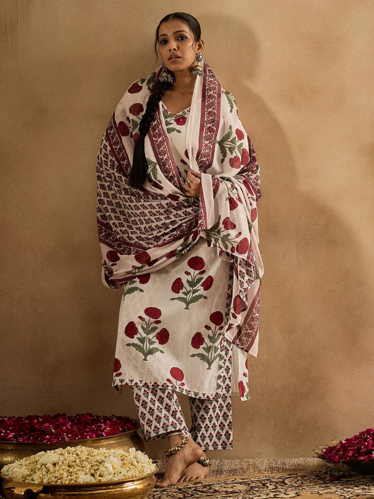 Indo Era White Printed Straight Kurta Trousers With Dupatta Set