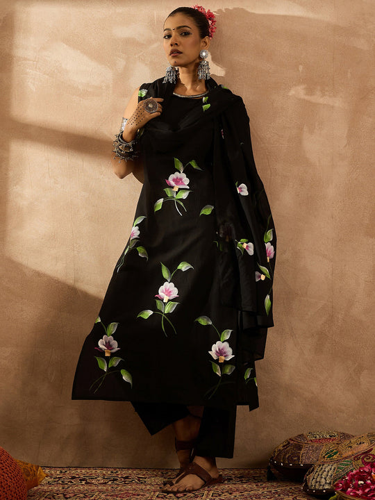 Indo Era Black Printed Straight Kurta Trousers With Dupatta Set
