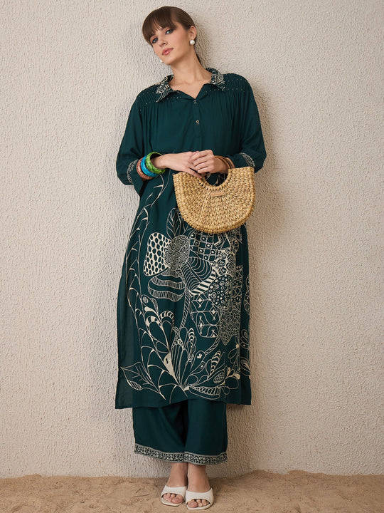 Indo Era Green Printed A-Line Kurta Trousers set