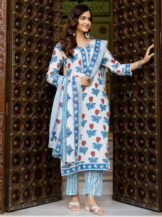 White Printed Straight Cotton Kurta Pant With Dupatta Set