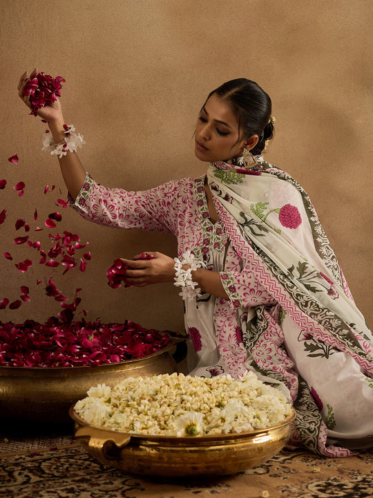 Indo Era White Printed A-Line Kurta Trousers With Dupatta Set