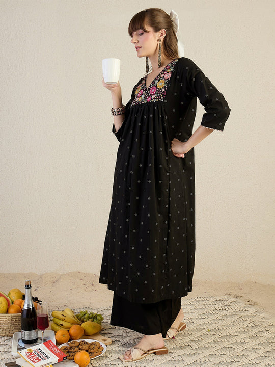 Black Embroidered Pure Cotton A-Line Kurta Trouser Set