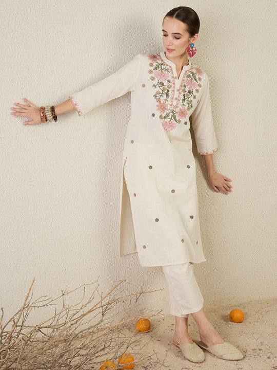 Beige Embroidered Pure Cotton Straight Kurta Sets