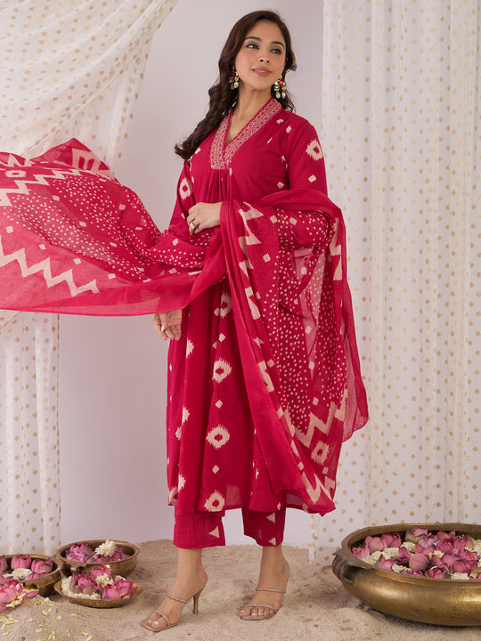 Indo Era Pink Printed A-Line Kurta Trousers With Dupatta Set