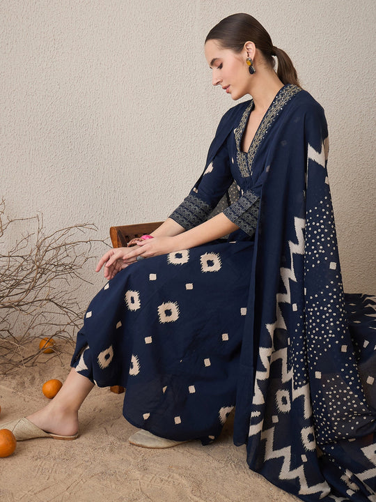Indo Era Blue Printed A-Line Kurta Trousers With Dupatta Set