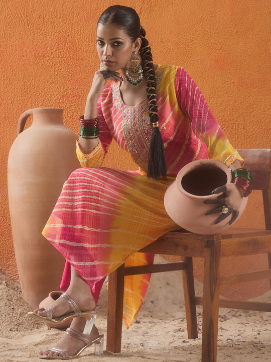 Indo Era Yellow Embroidered Straight Kurtas