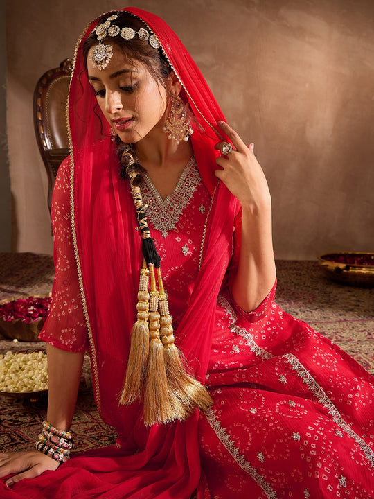 Indo Era Red Embroidered Straight Kurta Trousers With Dupatta Set