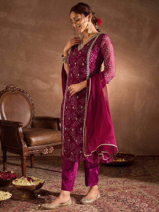 Indo Era Burgundy Embroidered Straight Kurta Trousers With Dupatta Set