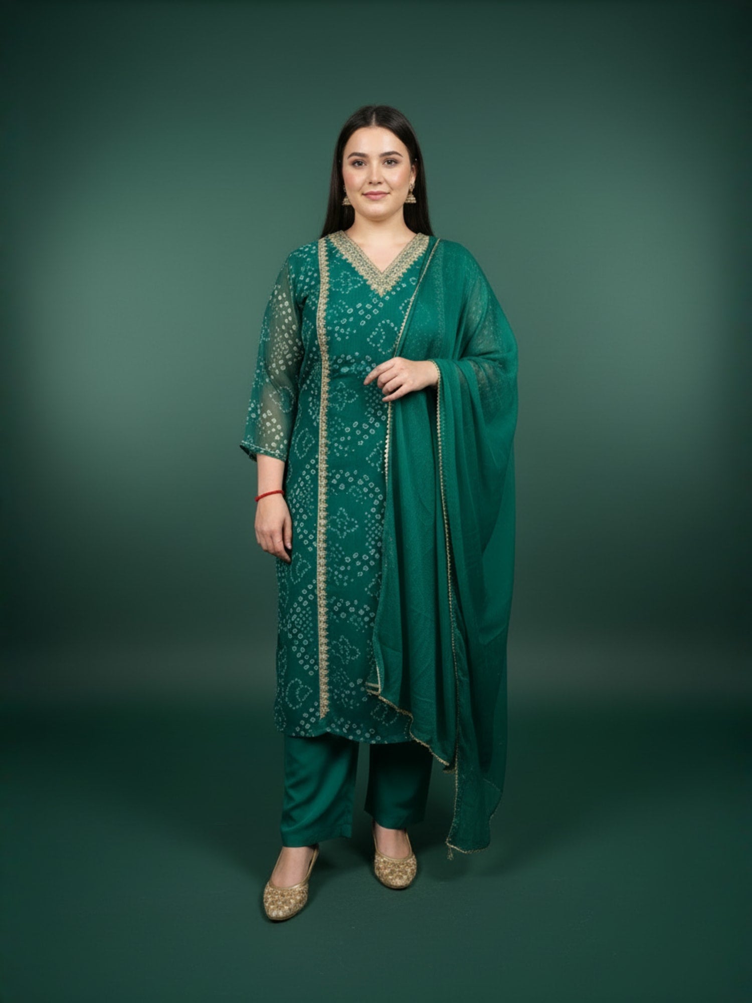 Plus Size Green Embroidered Straight Kurta Trousers With Dupatta set