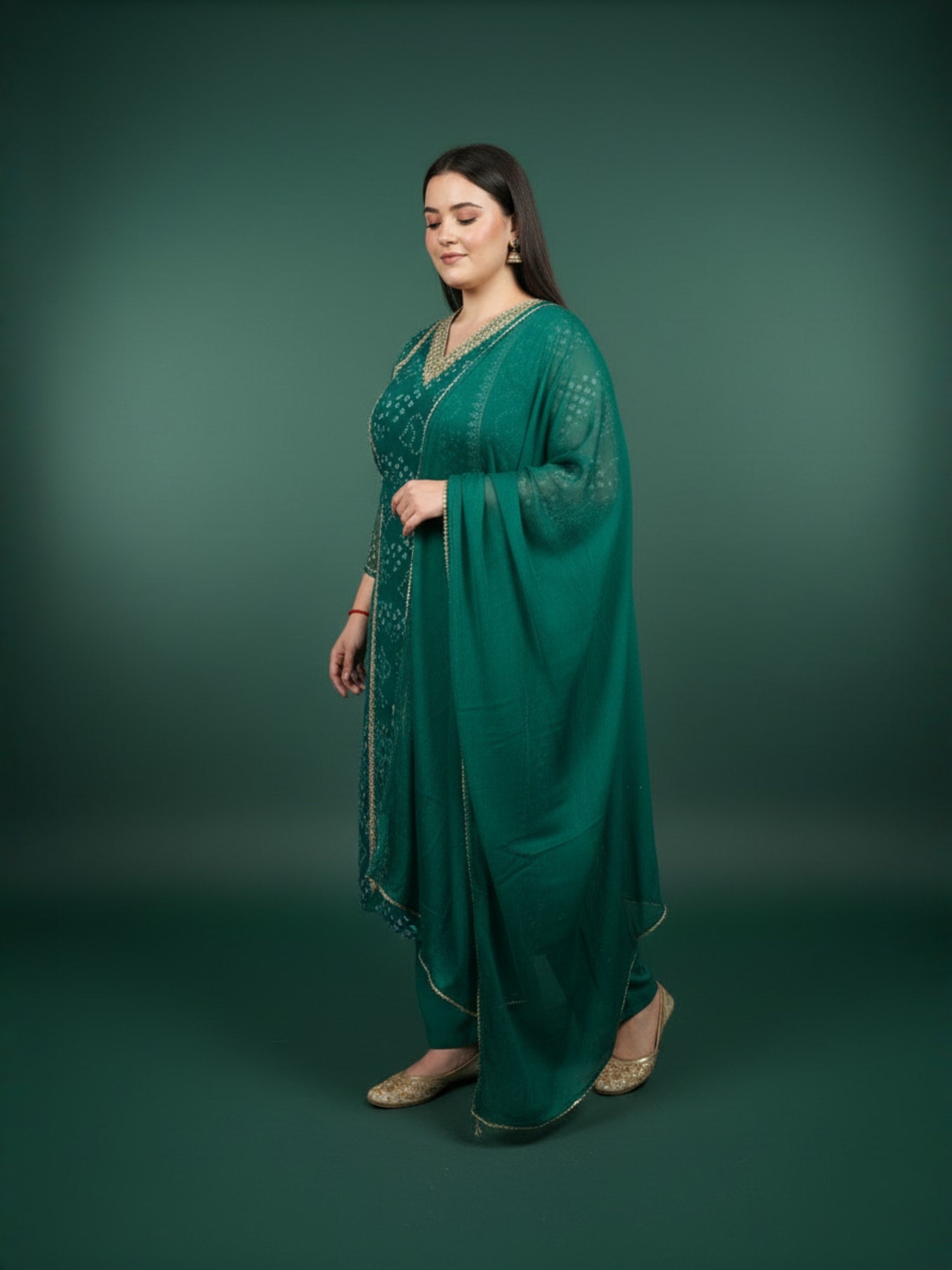 Plus Size Green Embroidered Straight Kurta Trousers With Dupatta set