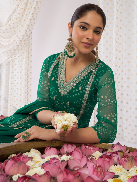 Indo Era Green Embroidered Straight Kurta Trousers With Dupatta Set