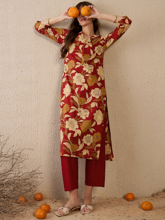 Indo Era Rust Printed Straight Kurtas