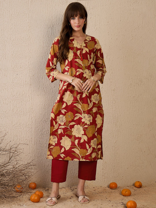 Indo Era Rust Printed Straight Kurtas