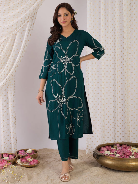 Indo Era Teal Embroidered Straight Kurta Palazzos  Set