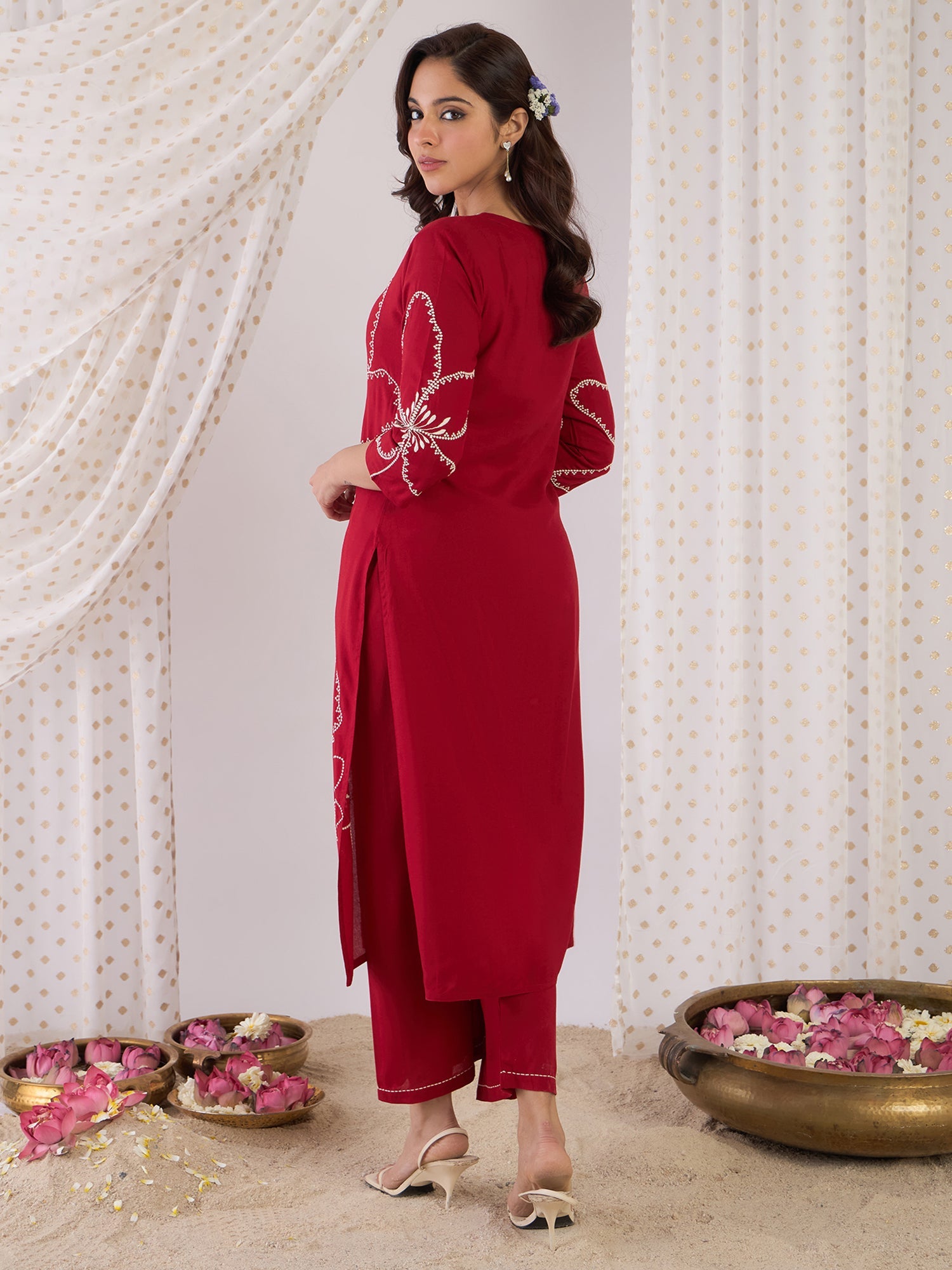 indo era, suit, kurta set for women, indo era kurta, kurta sets for ladies, summer dresses for women, 3 piece suit, cotton kurta set for women, new arrivals, women kurti plazo set, women in suit, kurta suit, floral kurta, short suit, spring summer, Maroon suit