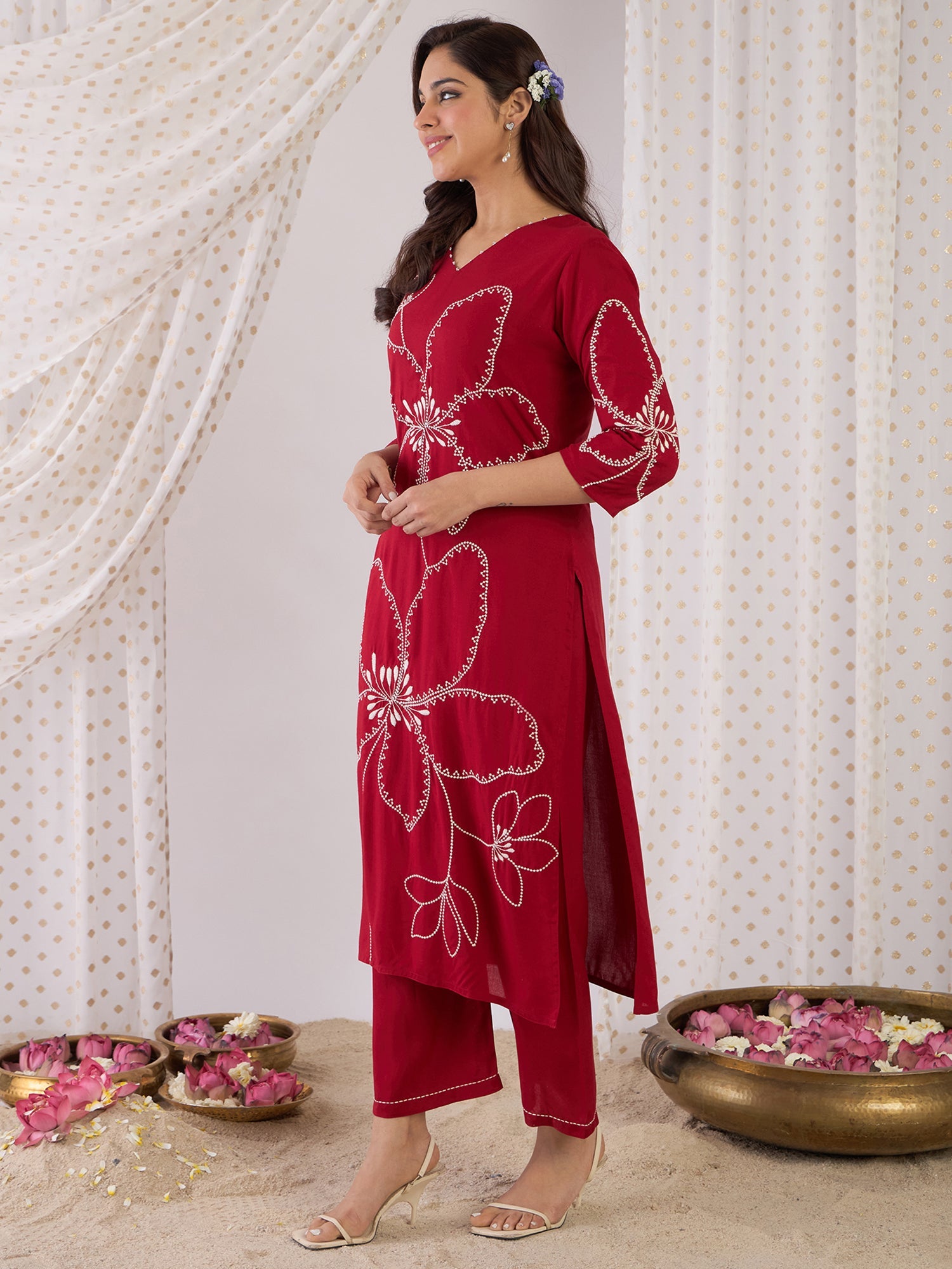 indo era, suit, kurta set for women, indo era kurta, kurta sets for ladies, summer dresses for women, 3 piece suit, cotton kurta set for women, new arrivals, women kurti plazo set, women in suit, kurta suit, floral kurta, short suit, spring summer, Maroon suit