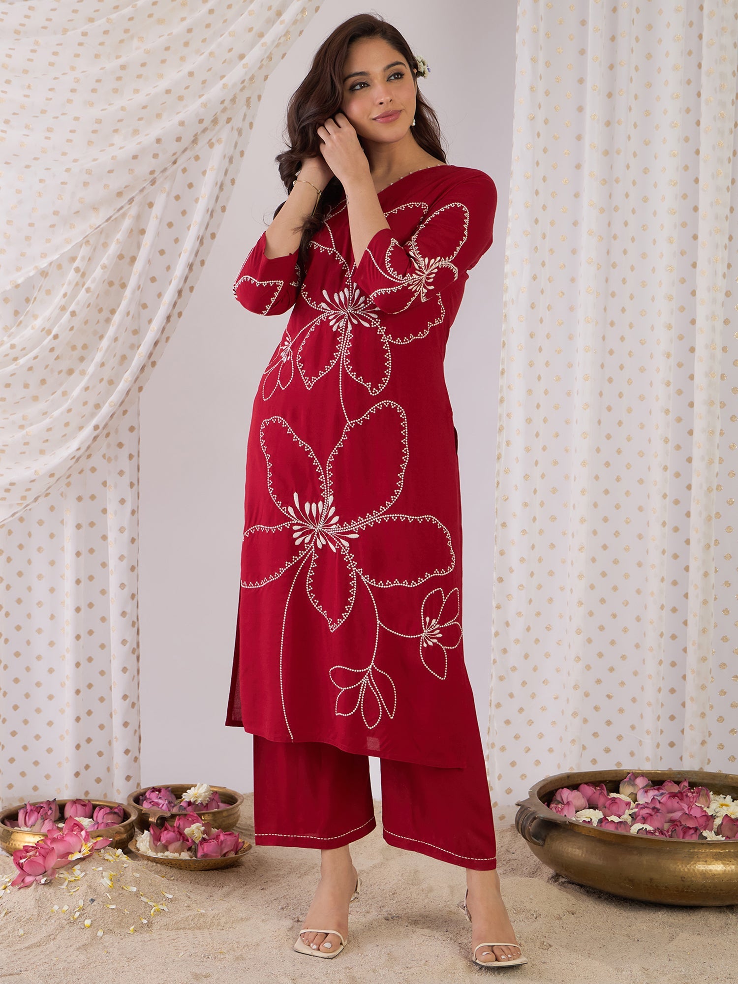indo era, suit, kurta set for women, indo era kurta, kurta sets for ladies, summer dresses for women, 3 piece suit, cotton kurta set for women, new arrivals, women kurti plazo set, women in suit, kurta suit, floral kurta, short suit, spring summer, Maroon suit