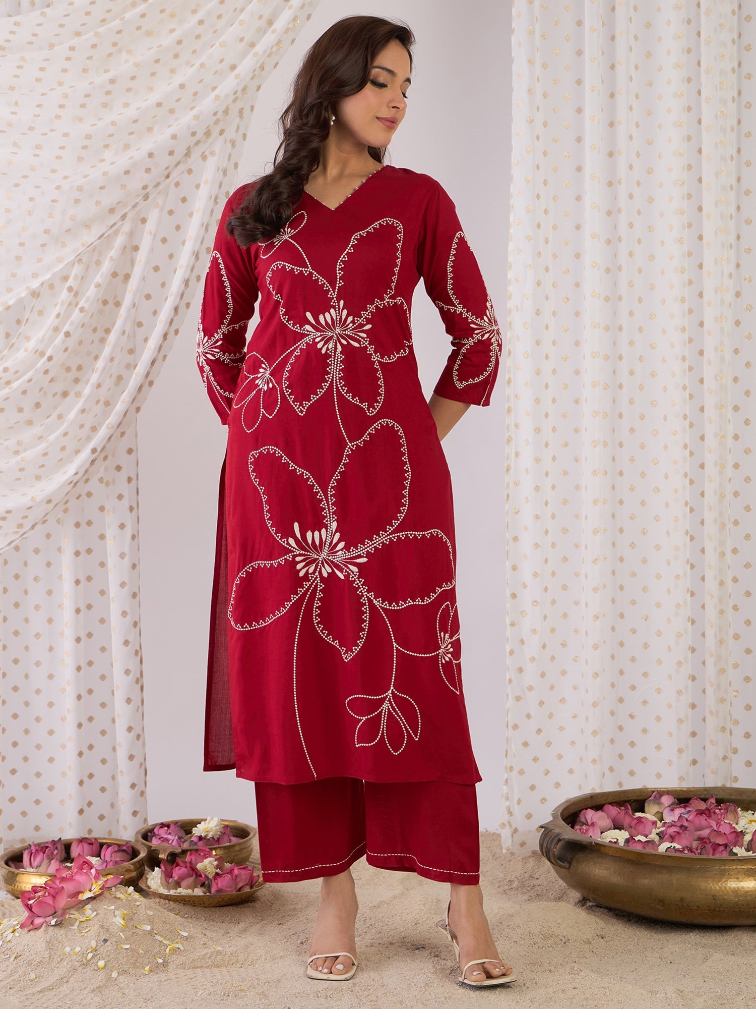 indo era, suit, kurta set for women, indo era kurta, kurta sets for ladies, summer dresses for women, 3 piece suit, cotton kurta set for women, new arrivals, women kurti plazo set, women in suit, kurta suit, floral kurta, short suit, spring summer, Maroon suit