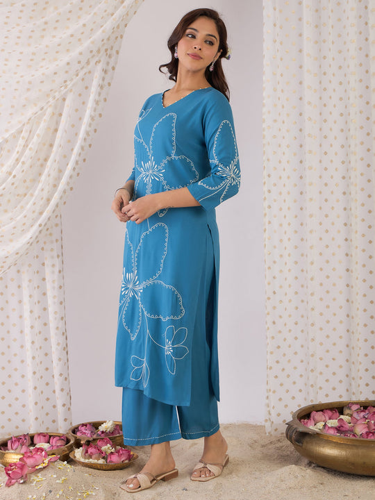 Indo Era Blue Embroidered Straight Kurta Palazzos Set