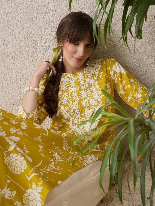 Mustard Embroidered Viscose Rayon Straight Kurta