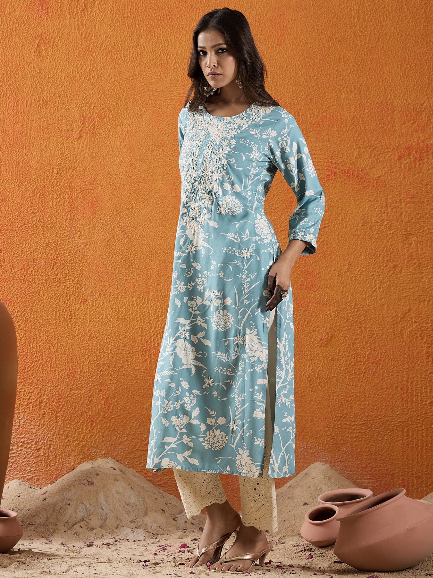 indo era, suit, kurta set for women, indo era kurta, kurta sets for ladies, summer dresses for women, 3 piece suit, cotton kurta set for women, new arrivals, women kurti plazo set, women in suit, kurta suit, floral kurta, short suit, spring summer, Blue kurta