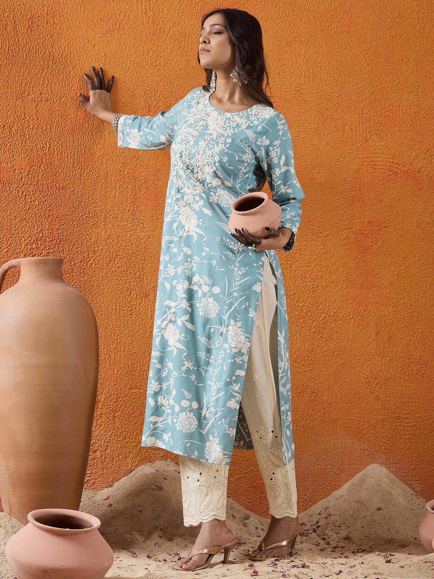 indo era, suit, kurta set for women, indo era kurta, kurta sets for ladies, summer dresses for women, 3 piece suit, cotton kurta set for women, new arrivals, women kurti plazo set, women in suit, kurta suit, floral kurta, short suit, spring summer, Blue kurta