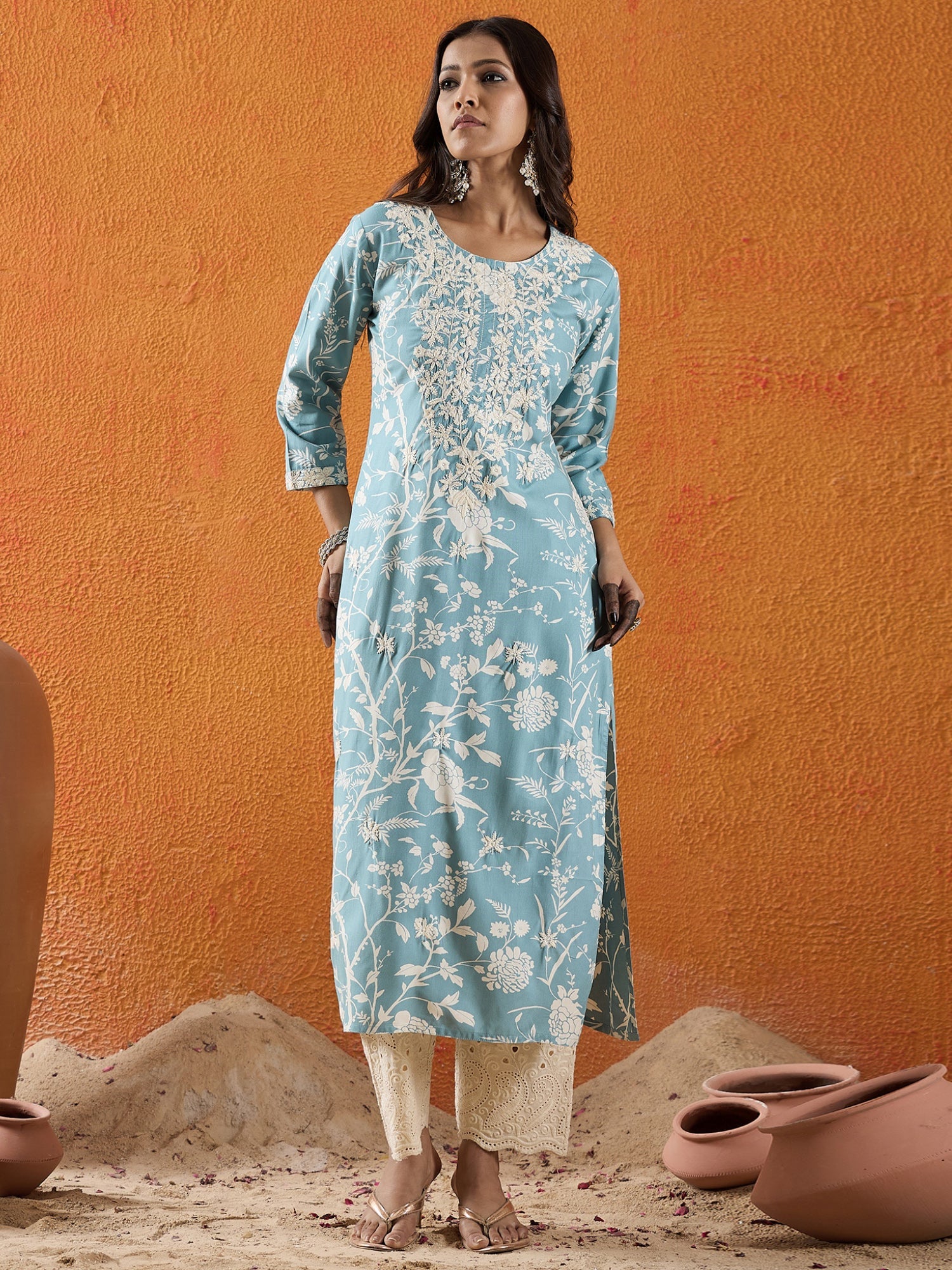 indo era, suit, kurta set for women, indo era kurta, kurta sets for ladies, summer dresses for women, 3 piece suit, cotton kurta set for women, new arrivals, women kurti plazo set, women in suit, kurta suit, floral kurta, short suit, spring summer, Blue kurta