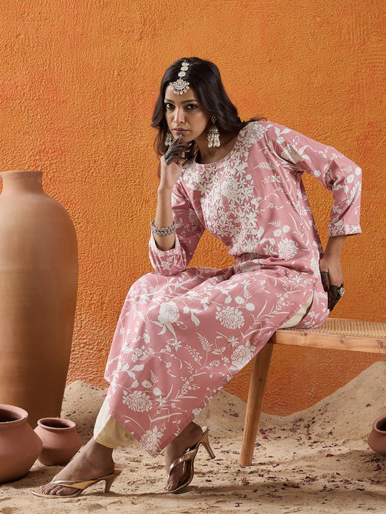 Mauve Thread Work Embroidered Straight Kurta