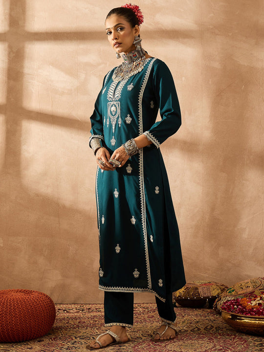 Teal Embroidered Viscose Rayon Straight Kurta