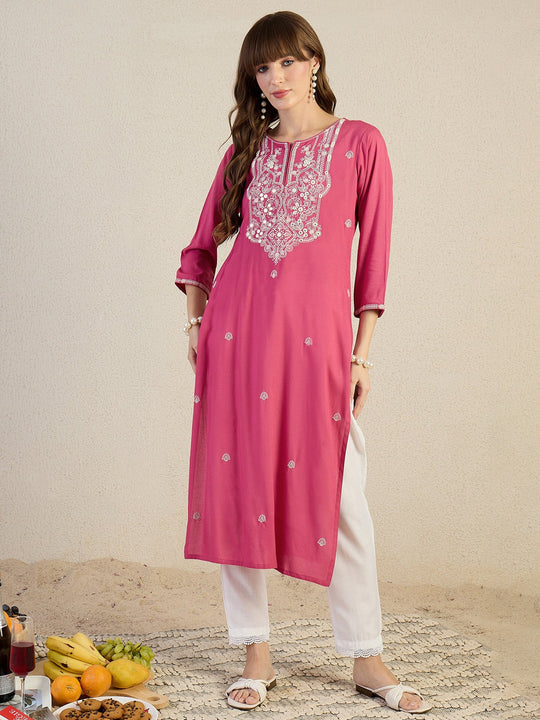 Pink Floral Embroidered Straight Viscose Rayon Kurtas
