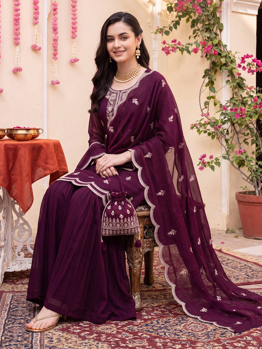 Burgundy Embroidered Straight Kurta Sharara Set With Dupatta