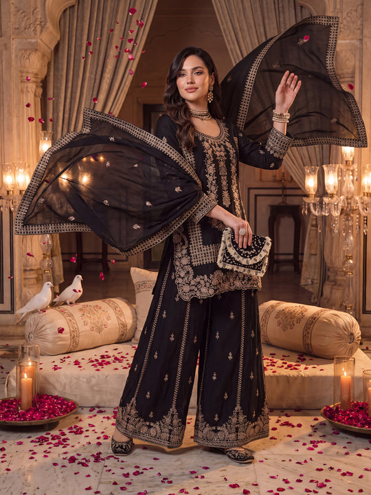 Black Embroidered Chinon Straight Kurta Palazzos With Dupatta