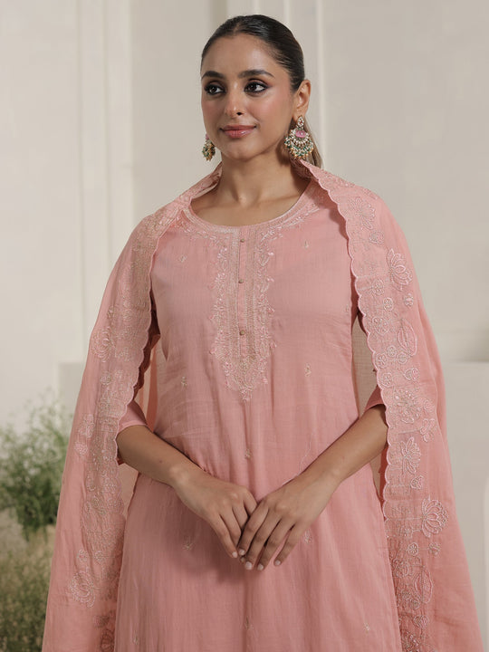 Peach Embroidered Pure Cotton Straight Suit Sets With Dupatta