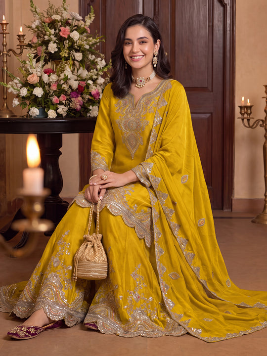 Indo Era Yellow Embroidered A-Line Kurta Palazzos With Dupatta set
