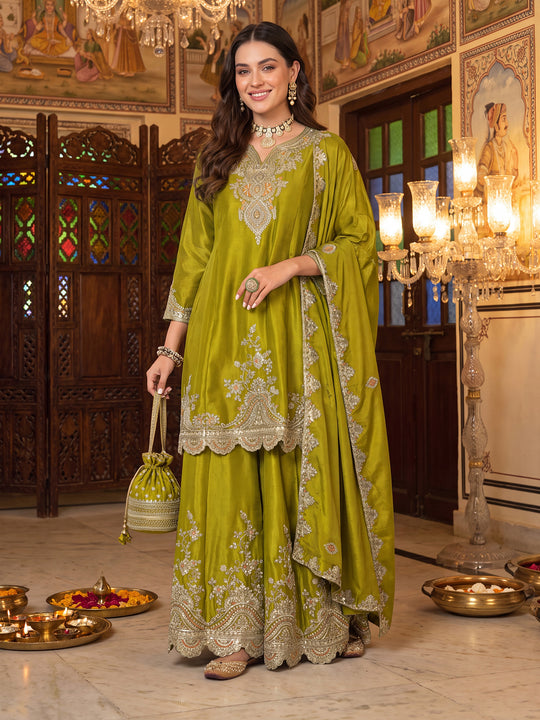 Indo Era Green Embroidered A-Line Kurta Palazzos With Dupatta set
