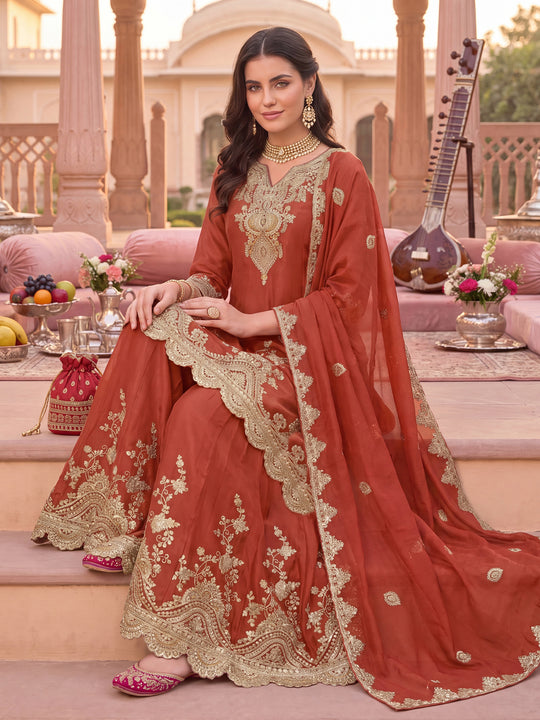 Indo Era Rust Embroidered A-Line Kurta Palazzos With Dupatta set