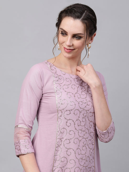 Indo Era Purple Embroiderd A-line Kurta Trouser With Dupatta Set