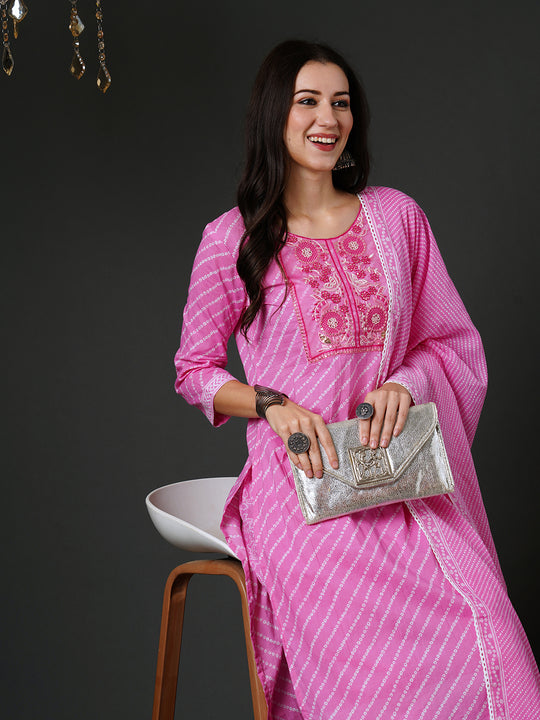 Indo Era Pink Embroidered Straight Kurta Trousers With Dupatta Set