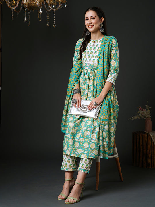 Indo Era Green Floral Printed Regular Gotta Patti Pure Cotton Kurta with Trousers & Dupatta