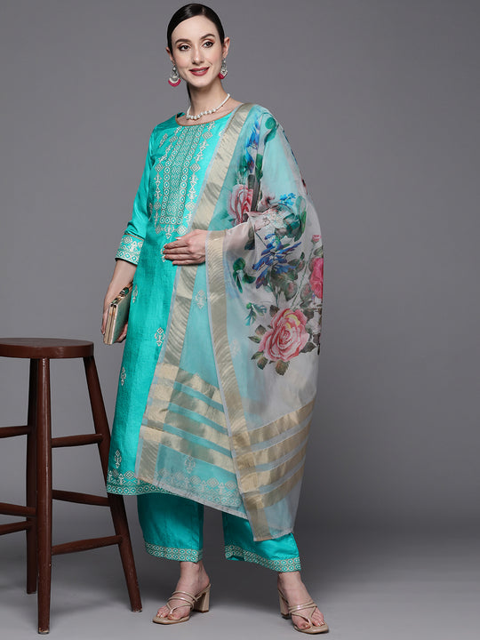Indo Era Sea Green Foil Printed Straight Kurta Palazzo With Dupatta Set