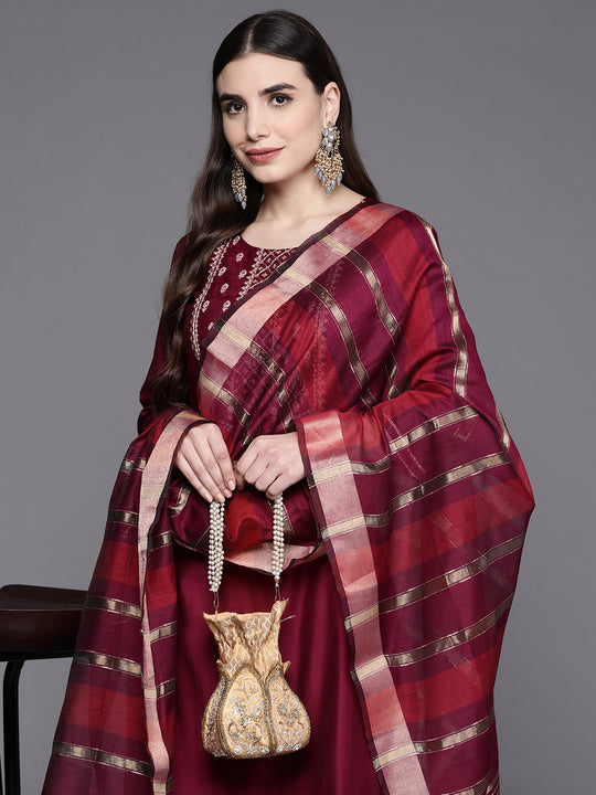Indo Era Wine Embroidered Straight Kurta Trouser With Dupatta Set