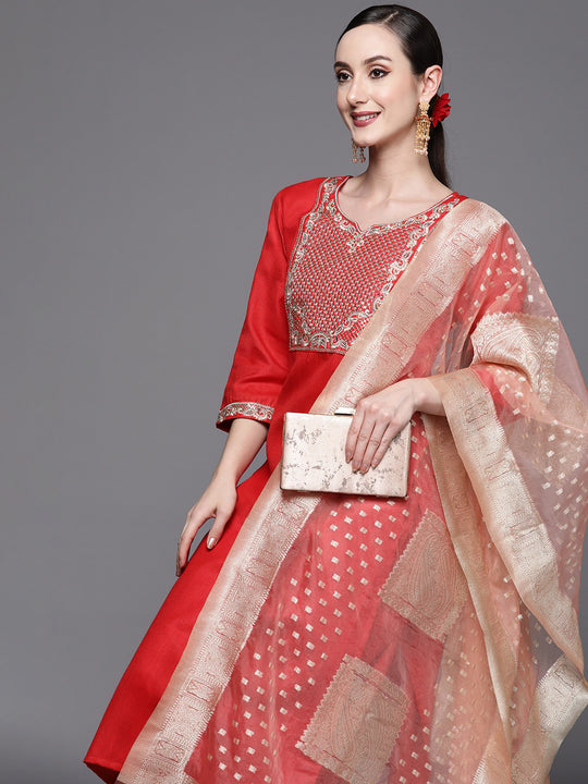 Indo Era Red Embroidered Straight Kurta Palazzos With Dupatta Set