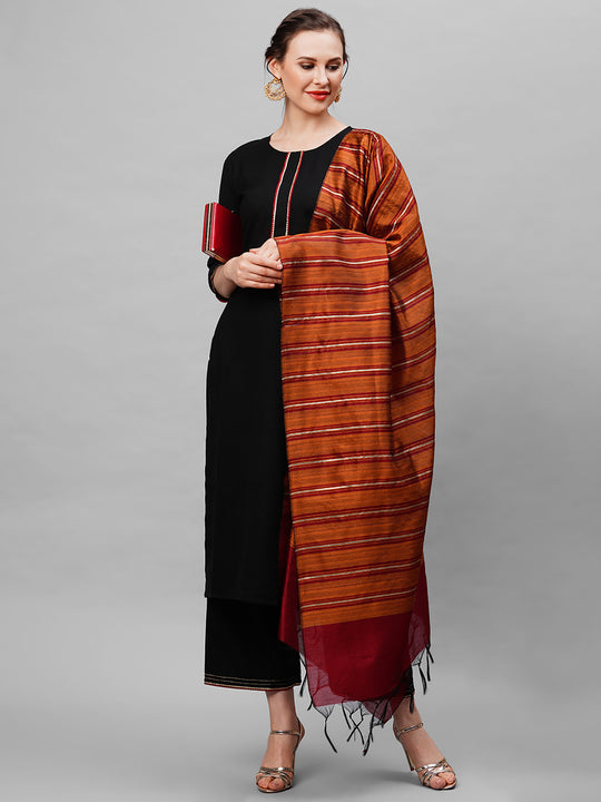 Indo Era Black Solid Straight Kurta Palazzo With Dupatta Set